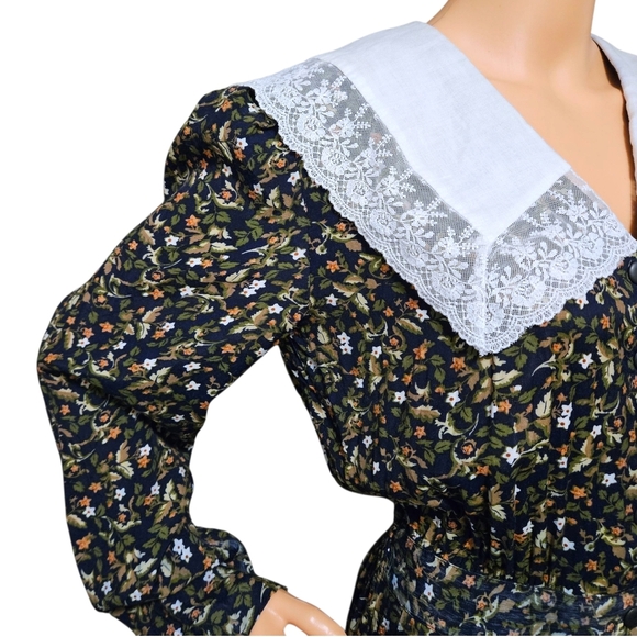 VTG 80s Karin Stevens Floral Midi Dress 8 Lace Collar Pocket Prairie Cottagecore - Picture 3 of 16